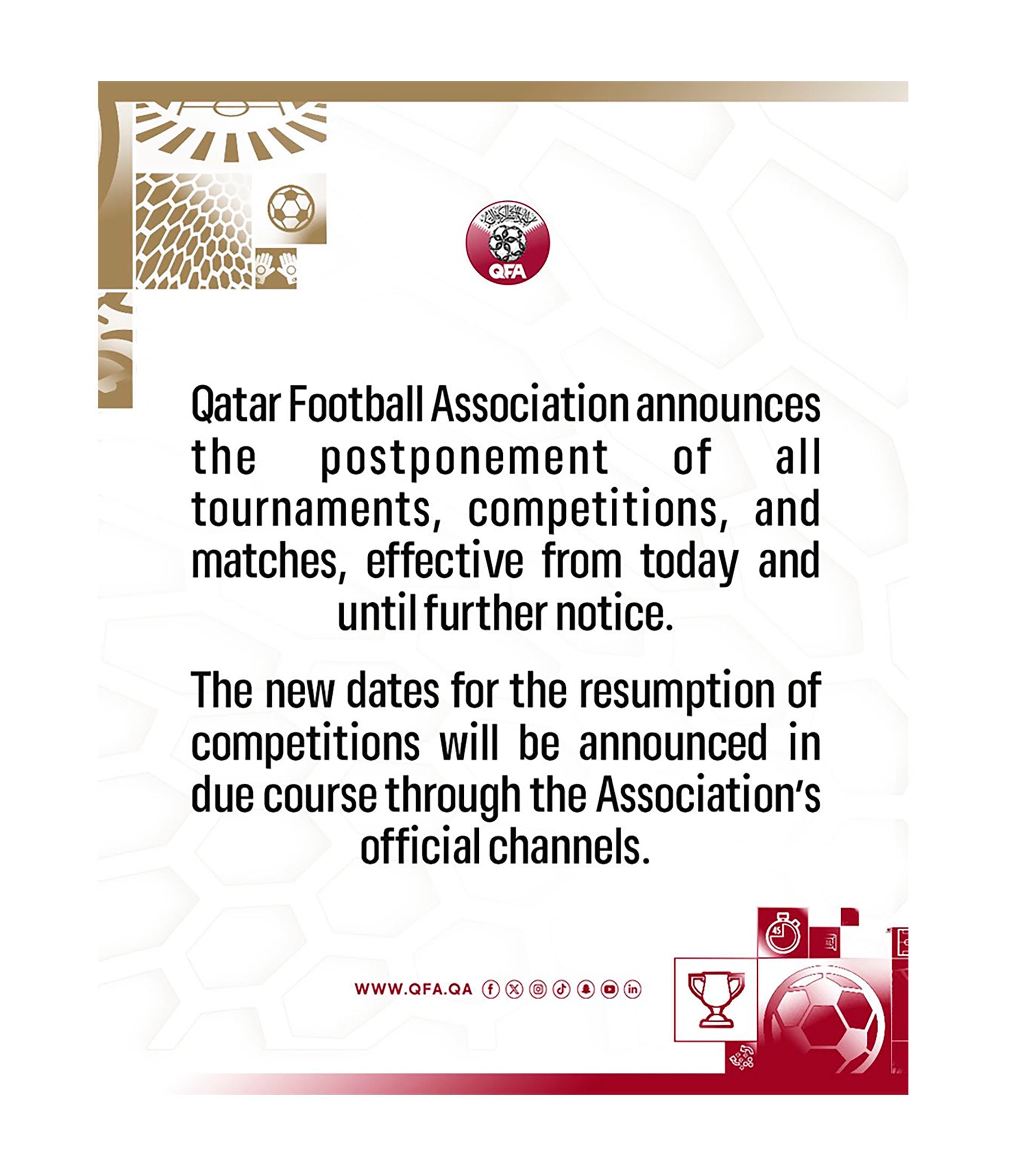 La Federación de Fútbol de Qatar comunica el aplazamiento de todos sus torneos, competiciones y partidos debido al conflicto en Medio Oriente.