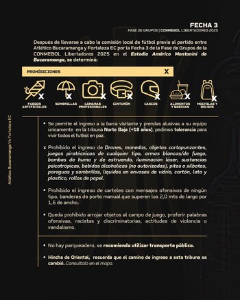 Estas son algunas de las disposiciones de seguridad para los hinchas que asistan al Américo Montanini de Bucaramanga por Copa Libertadores - crédito @ABucaramanga / X