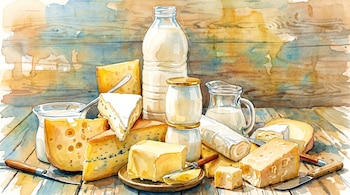 Pintura acuarela de una variedad de lácteos enteros, incluyendo leche en botella, quesos surtidos, yogur y mantequilla, dispuestos sobre una mesa de madera.