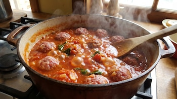 Primer plano de albóndigas crudas hirviendo en una salsa de tomate roja en una olla de hierro, con vapor y burbujas visibles, y una cuchara de madera.