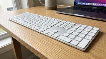 Teclado Apple Magic Keyboard blanco con teclado numérico y sensor Touch ID sobre un escritorio de madera. Al fondo se observa un MacBook Pro y una taza.