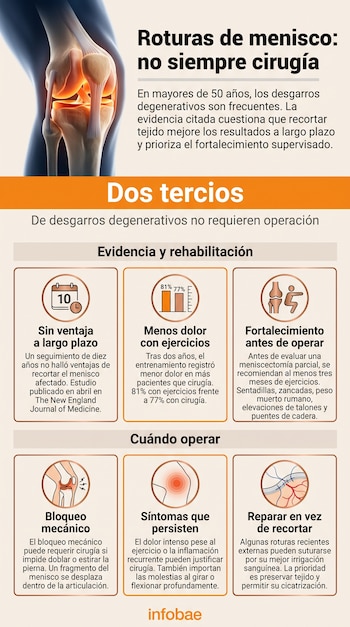 Infografía con una ilustración anatómica de rodilla y seis recuadros con texto explicativo, iconos y datos sobre el tratamiento del menisco.
