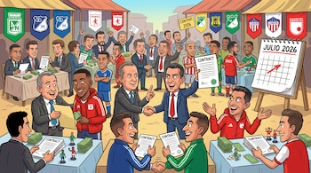 Caricatura de mercado con hombres, dinero, contratos, figuras de jugadores. Banderines de clubes de fútbol colombianos. Calendario de Julio 2026.