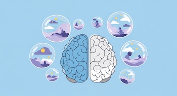 Ilustración plana de un cerebro estilizado en azul y blanco, rodeado de ocho burbujas con escenas oníricas abstractas en lila y azul, sobre un fondo celeste.