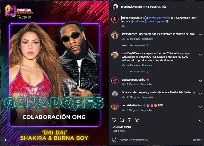 Shakira y Burna Boy ganaron un premio por su tema “Dai Dai”.