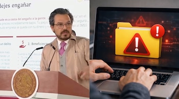 Un hombre habla en un podio con el Escudo Nacional de México. Manos teclean en un portátil con una carpeta amarilla y símbolos de alerta rojos.