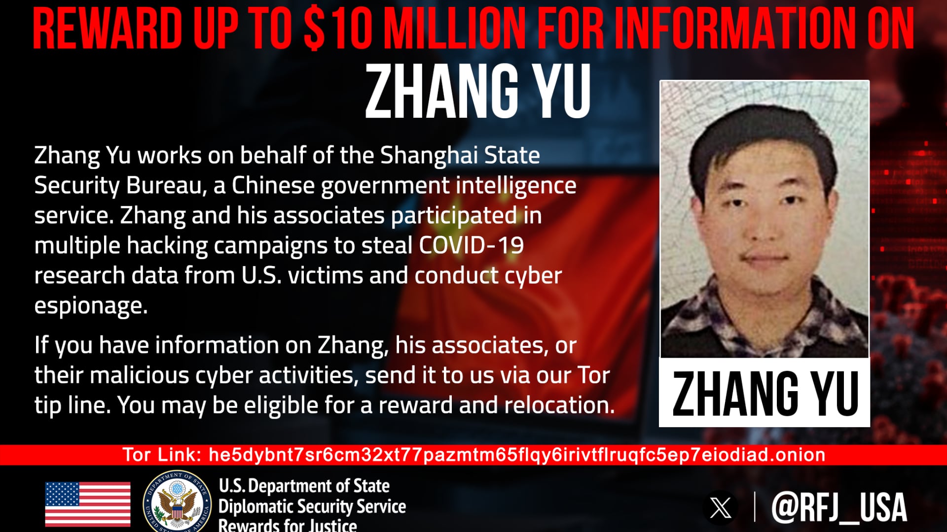 EUU ofreció una recompensa de hasta $10 millones por información sobre Zhang Yu (@FBICyberDiv)