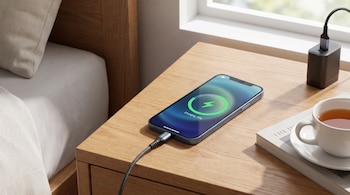 Un celular azul oscuro se carga sobre una mesita de noche de madera. Su pantalla indica el 75% de batería y el modo avión. Un cargador, un libro y una taza blanca están cerca.