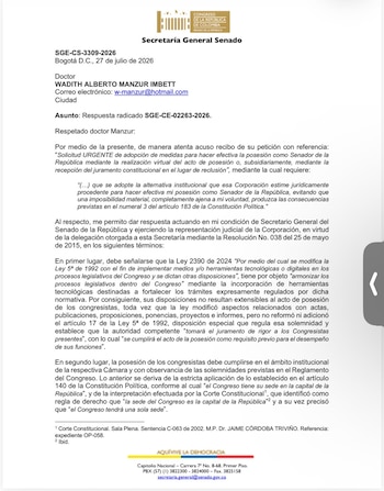 Diego González, secretario general del Senado, explicó las razones legales por las que negó la petición del exrepresentante a la Cámara - crédito Suministrado infobae