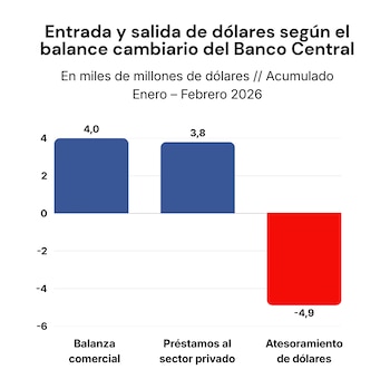 Gráfico de barras que muestra el balance cambiario del Banco Central, con barras azules de 4.0 y 3.8 para balanza comercial y préstamos, y una barra roja de -4.9 para atesoramiento de dólares