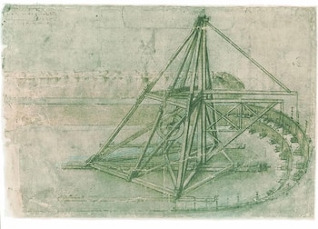 Dibujo antiguo sobre papel envejecido de tono verdoso que muestra una intrincada estructura mecánica con vigas, engranajes y una pista semicircular