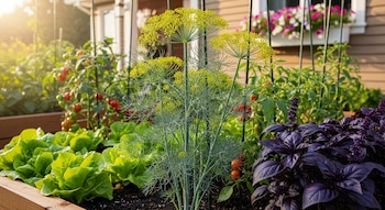 Plantas de eneldo con flores amarillas, lechuga verde, tomates cherry rojos y albahaca morada en un bancal de madera, con una casa al fondo.