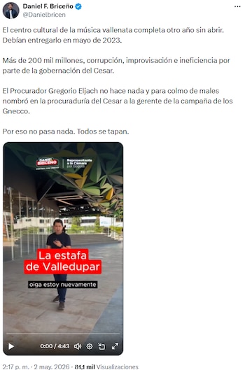 Daniel Briceño cuestionó órganos de control y señaló cooptación política en el Cesar - crédito @Danielbricen/X