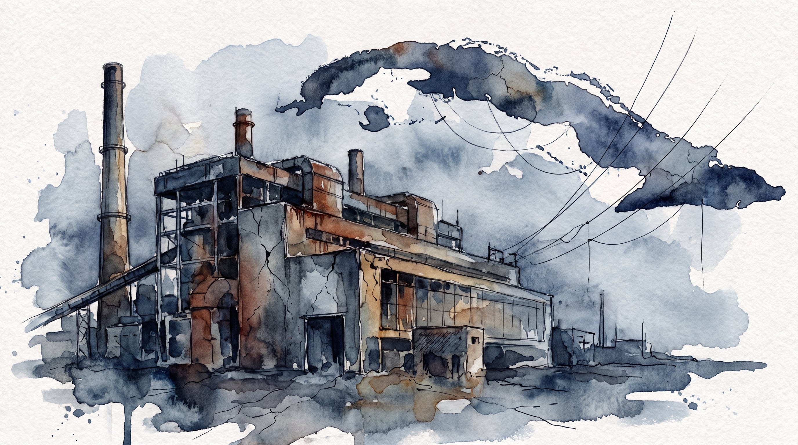 Una central termoeléctrica deteriorada e inactiva con cables cortados simboliza el estado del sistema energético sobre el fondo geográfico de Cuba. (Imagen Ilustrativa Infobae)