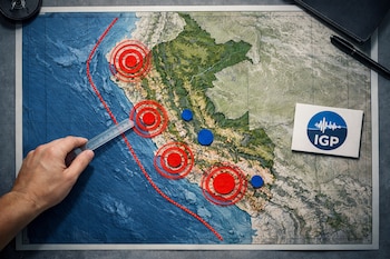 Un mapa físico de Perú en una mesa con círculos rojos concéntricos, marcadores azules, una línea roja, una mano que sostiene una regla y el logo IGP.