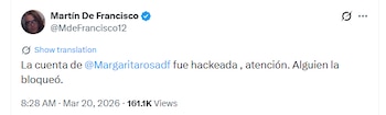 Martín de Francisco, hermano de Margarita, informa sobre el hackeo y bloqueo a través de la misma plataforma X - crédito @MdeFrancisco12/X