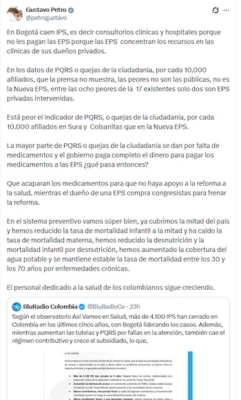 El jefe de Estado también denunció prácticas que, a su juicio, buscan obstruir el avance de la reforma a la salud - crédito @petrogustavo/X