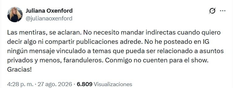 “Yo no le he respondido nada a nadie”, afirmó la periodista en un mensaje difundido en redes sociales. X.
