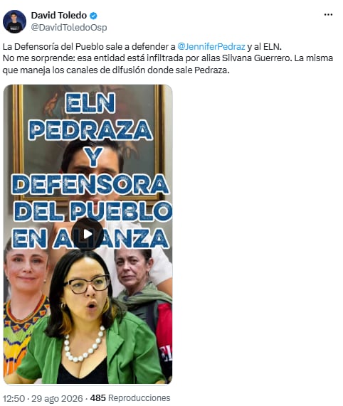 David Toledo denuncia presunta infiltración del ELN en la Defensoría del Pueblo - crédito @DavidToledoOsp/X