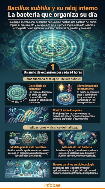Infografía de Bacillus subtilis con texto, diagramas de placa de Petri, ADN, relojes, bacterias, mapa mundial y escenas de laboratorio.
