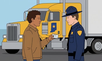 Ilustración de un hombre de piel morena con una chaqueta marrón mostrando una licencia de Indiana a un oficial de policía uniformado junto a un camión amarillo