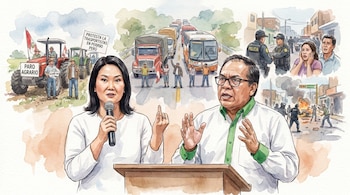 Ilustración en acuarela de Keiko Fujimori y Roberto Sánchez en un debate. Detrás, escenas de paro agrario, protesta de transportistas e inseguridad ciudadana en Perú.
