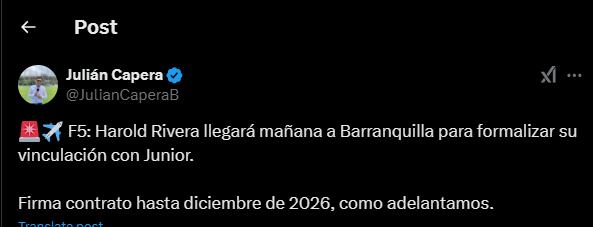 El futbolista pasó por Independiente Santa Fe y América de Cali - crédito @JulianCaperaB / X