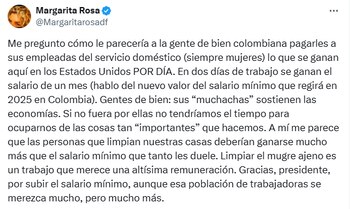 Margarita Rosa de Francisco celebró aumento del salario mínimo - crédito X