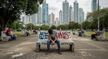 Varios jóvenes, hombres y mujeres, sentados en bancos de cemento con grafitis en un parque urbano, con edificios altos al fondo bajo un cielo nublado.