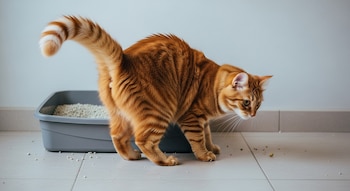 Un gato atigrado naranja se agacha junto a un arenero gris en el suelo de baldosas blancas, con la cola levantada y el cuerpo tenso, listo para orinar fuera.