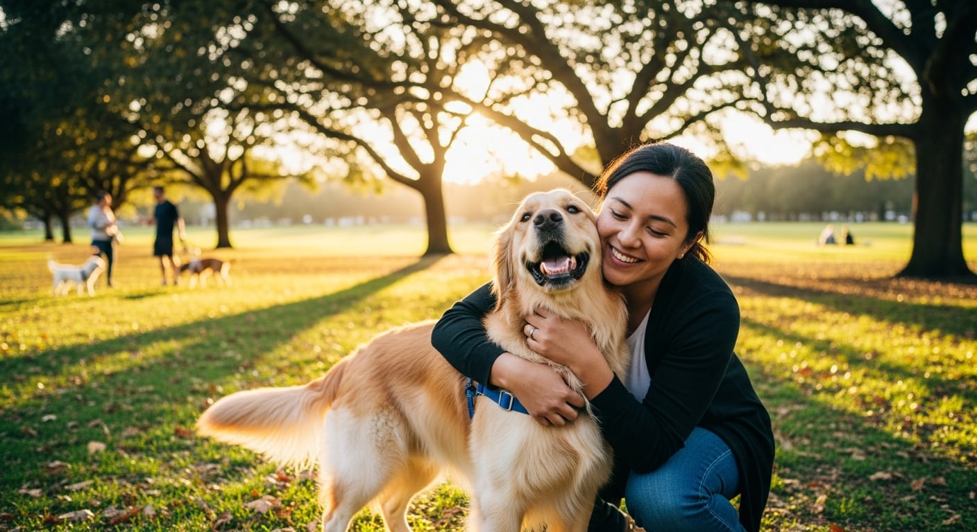 Una mujer sonriente abraza a su perro golden retriever en un parque, mientras el sol se filtra entre los árboles. (Imagen Ilustrativa Infobae)