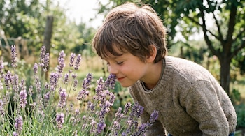 Niño con suéter de lana que se inclina hacia varias flores de lavanda en un jardín arbolado.