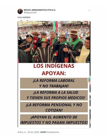 Miguel Polo Polo compartió una fotografía en la que se critíca las manifestaciones de las comunidades indígenas en Bogotá - crédito @MiguelPoloP/X