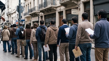 Personas en fila sostienen documentos en una acera frente a un edificio con un cartel que dice Entrevistas Laborales.