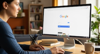 Vista lateral de una persona de 30 años sentada en un escritorio de madera, tecleando y mirando la pantalla de un ordenador con la página de Google abierta.