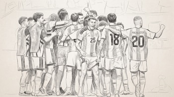 Ilustración en blanco y negro de once futbolistas con uniformes a rayas, camisetas numeradas y algunos nombres, abrazándose en celebración.