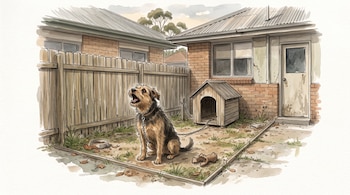 Ilustración de un perro pequeño con cadena en un patio junto a una caseta de madera y un plato para comida.