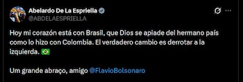 El presidente colombiano Abelardo De La Espriella publicó un mensaje de respaldo al candidato Flávio Bolsonaro - crédito @ABDELAESPRIELLA / X