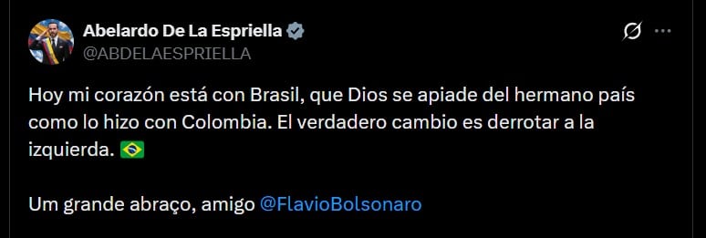 El presidente colombiano Abelardo De La Espriella publicó un mensaje de respaldo al candidato Flávio Bolsonaro - crédito @ABDELAESPRIELLA / X