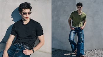 Dos imágenes compuestas de un hombre joven con camiseta, pantalones de mezclilla y gafas de sol posando ante un muro de concreto