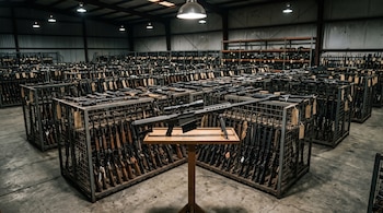 Un fusil sobre un soporte de madera frente a jaulas metálicas repletas de armas de fuego dentro de un almacén.