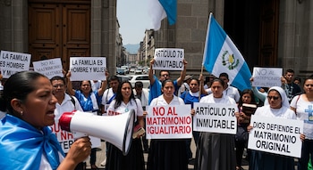 Grupo de personas en una calle con edificios y autos al fondo, algunas sostienen pancartas de protesta y una bandera de Guatemala, una mujer habla por megáfono.