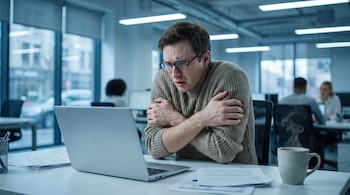 Un hombre sentado en un escritorio de oficina con un suéter, abraza sus brazos y mira una computadora portátil. Hay documentos y una taza de café humeante.