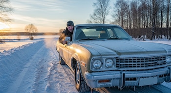 Un hombre con gorro de invierno intenta arrancar un coche clásico cubierto de nieve y hielo en una carretera helada. El sol poniente ilumina el paisaje invernal.