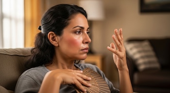 Retrato de perfil de una mujer latina de mediana edad con el rostro enrojecido, abanicándose con la mano mientras sostiene un abanico plegable de madera.