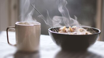 Close-up of porridge and tea
