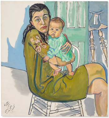 Pintura al óleo de una mujer sentada con cabello oscuro y vestido verde, sosteniendo a un bebé con ropa verde claro. Hay una puerta y un jarrón al fondo