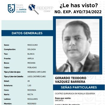 Ficha de búsqueda de Gerardo Teodoro Vázquez Barrera, alias 'El Gerry', emitida por la Fiscalía General de Justicia de la CDMX. (Imagen: FGJCDMX)
