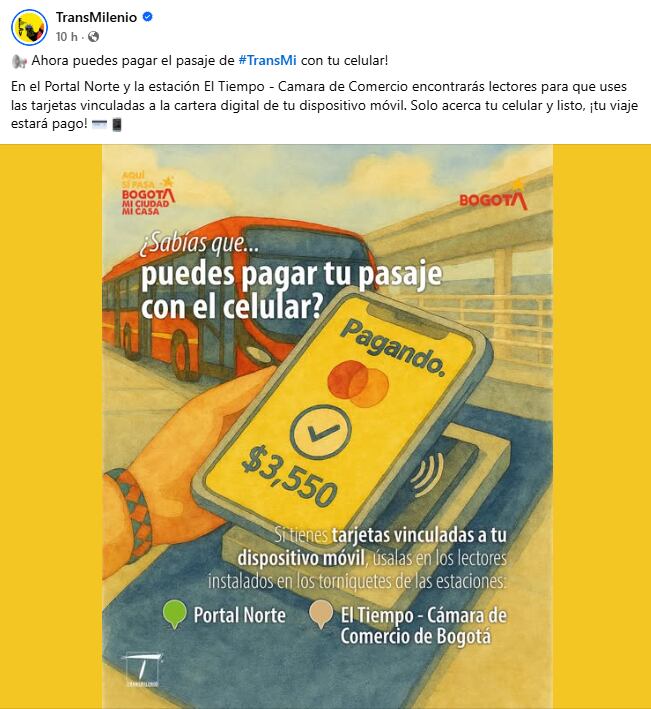 Voceros de TransMilenio ratificaron la puesta en marcha del pago de pasaje sin usar tarjeta Tu Llave - crédito TransMilenio/Facebook