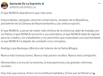 Abelardo De la Espriella anunció a Rodrigo Lara como el primer ministro de su gabinete y resaltó su trayectoria en el servicio público. - Crédito @ABDELAESPRIELLA/X